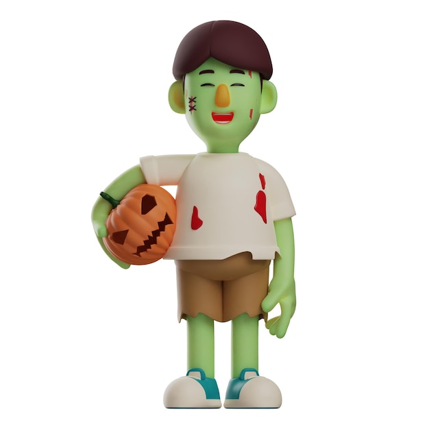 Illustrazione 3D 3D Zombie cartone animato che tiene una piccola zucca di Halloween in postura verticale con la risata