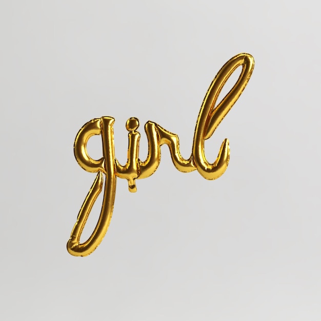 Illustrazione 3d a forma di parola ragazza di palloncini dorati di tipo 2 isolati su sfondo bianco