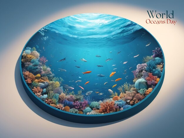 Illustrazione 3D a forma rotonda di carta oceanica tagliata con pesci