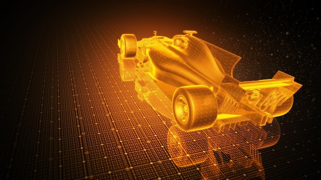 Illustrazione 3D a telaio di una macchina di Formula 1 con sfondo a tema arancione