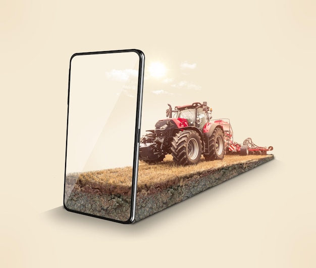 illustrazione 3d Agricoltore che detiene un trattore autonomo mobile. realtà in agricoltura. Fattoria intelligente