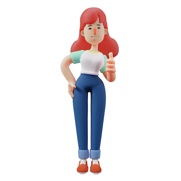 Illustrazione 3D Allegro design 3D Cute Girl Cartoon che mostra la posa del pollice in alto con uno stile elegante
