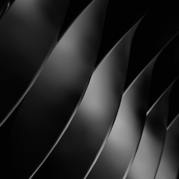 illustrazione 3D astratta di lame parallele curve nere luccicanti in un ambiente cupo
