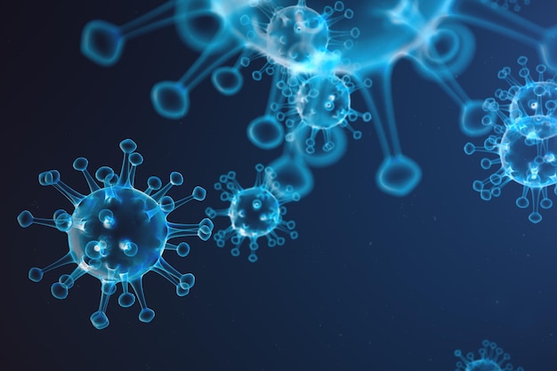 Illustrazione 3D astratta Virus e germi, batteri, organismi infetti da cellule. Virus influenzale H1N1, influenza suina su sfondo astratto. Virus blu che brillano di colori attraenti.