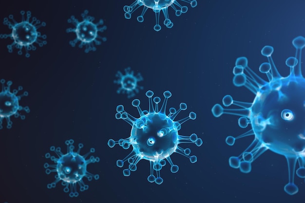 Illustrazione 3D astratta Virus e germi, batteri, organismi infetti da cellule. Virus influenzale H1N1, influenza suina su sfondo astratto. Virus blu che brillano di colori attraenti.