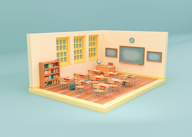 Illustrazione 3D. Aula scolastica vuota