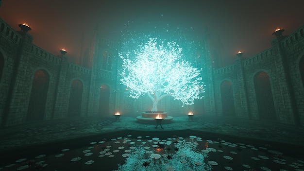 illustrazione 3d bagliore di albero nella nebbia nel mezzo del castello