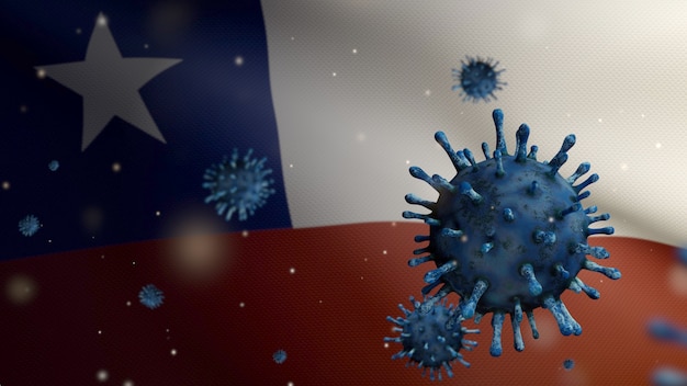 Illustrazione 3D Bandiera cilena che sventola con l'epidemia di Coronavirus che infetta il sistema respiratorio come influenza pericolosa. Virus dell'influenza Covid 19 con striscione nazionale del Cile che soffia sullo sfondo. Rischio pandemia