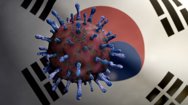 Illustrazione 3D Bandiera coreana che sventola con l'epidemia di Coronavirus che infetta il sistema respiratorio come influenza pericolosa. Influenza di tipo Covid 19 virus con banner nazionale della Corea del Sud che soffia sullo sfondo. Pandemia