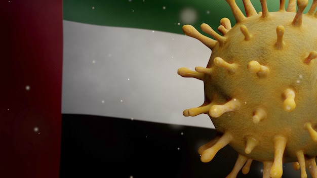 Illustrazione 3D Bandiera degli Emirati Arabi Uniti che sventola con l'epidemia di Coronavirus che infetta il sistema respiratorio come influenza pericolosa. Influenza di tipo Covid 19 virus con bandiera nazionale degli Emirati Arabi Uniti che soffia sullo sfondo
