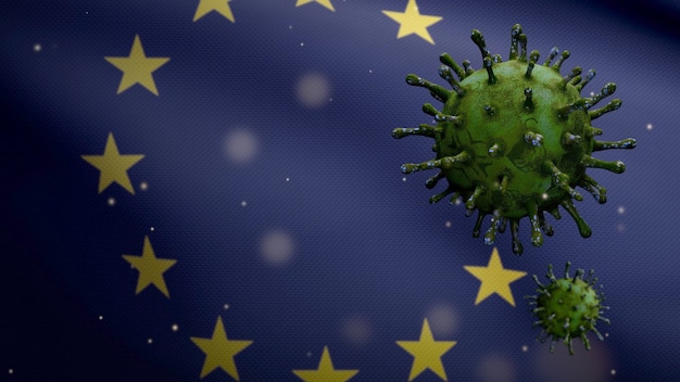 Illustrazione 3D Bandiera dell'Unione europea che sventola con l'epidemia di Coronavirus che infetta il sistema respiratorio come influenza pericolosa. Virus dell'influenza Covid 19 con banner nazionale europeo che soffia sullo sfondo