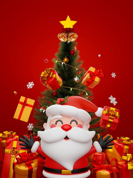 illustrazione 3d Banner di Natale di Babbo Natale con albero di Natale e confezione regalo