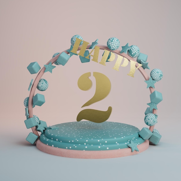 illustrazione 3d. bellissimo arco dorato con supporto per torta e regali di compleanno con il numero 2 pollici