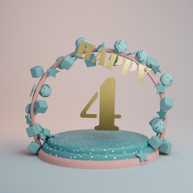 illustrazione 3d. bellissimo arco dorato con supporto per torta e regali di compleanno con il numero 4 pollici