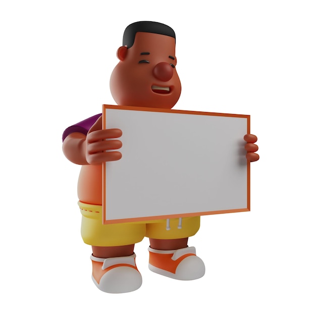 Illustrazione 3D Big Boy Immagine di personaggio 3D con una lavagna in piedi in una posa divertente