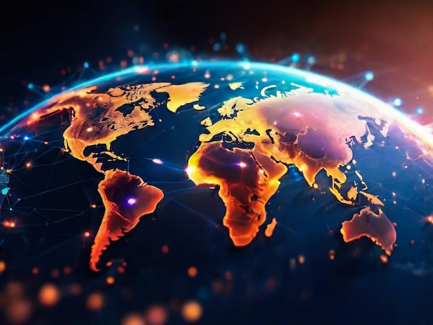 Illustrazione 3D blu scuro ologramma di alta tecnologia del pianeta Terra Tecnologia globale delle comunicazioni e rete di telecomunicazioni