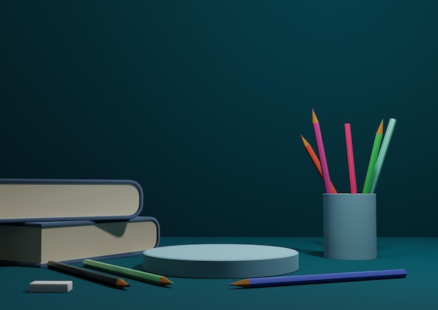 Illustrazione 3D blu teal torna al podio di visualizzazione del prodotto scolastico in piedi di lato con matite e libro