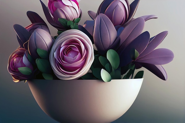 Illustrazione 3D bouquet di fiori e foglie