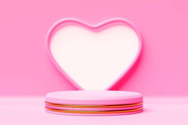 illustrazione 3d buon san valentino e podio sul palco decorato con illuminazione a forma di cuore sfondo astratto con cuore rosa scenografia 3D adatto per San Valentino e la festa della mamma