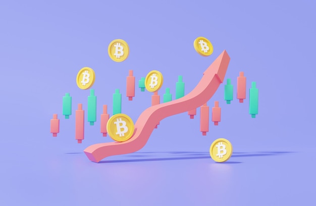 Illustrazione 3D cartone animato minimo Cryptocurrency o BTC trading freccia crescita scambio analisi dati informazioni investimento finanziario trader concetto su sfondo viola pastello