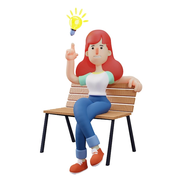 Illustrazione 3D Cartoon Beautiful Girl 3D Genius che ha buone idee seduto su una lunga panchina