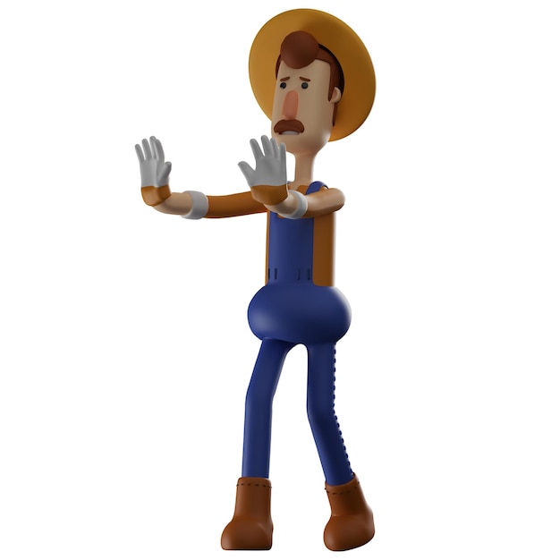 Illustrazione 3D Cartoon Farmer 3D si sente spaventato mostrando entrambe le mani in avanti con una faccia divertente