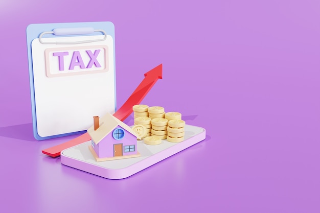 illustrazione 3D. Casa Con Monete D'oro Statistica Investimento Immobiliare Concetto. grafico delle tasse e della freccia. Crescita nel settore immobiliare sul cellulare