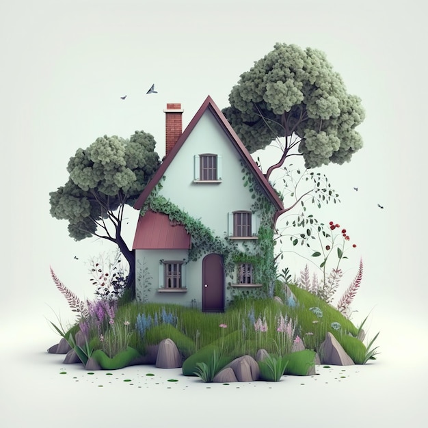 illustrazione 3d casa con piante e giardino, erba