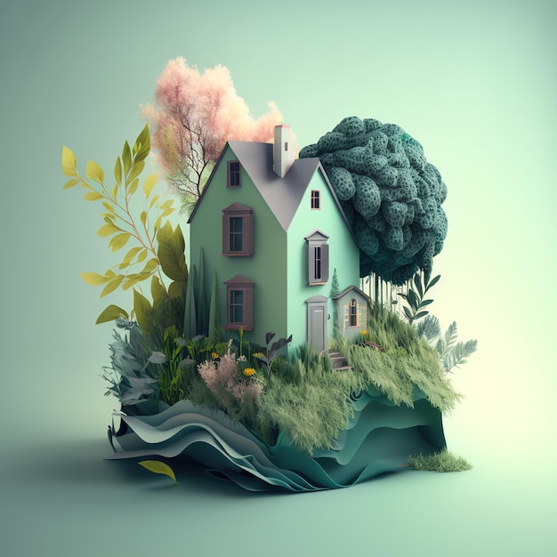 illustrazione 3d casa con piante e giardino, erba