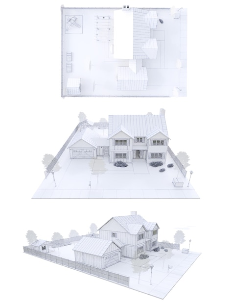 illustrazione 3d Casa moderna con giardino e garage rendering 3d