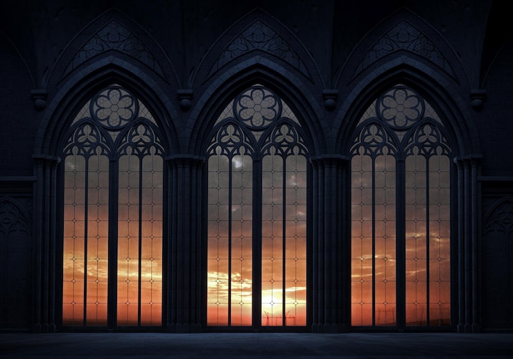 Foto illustrazione 3d castello abbandonato con una grande finestra gotica i raggi del tramonto cattedrale architettura medievale