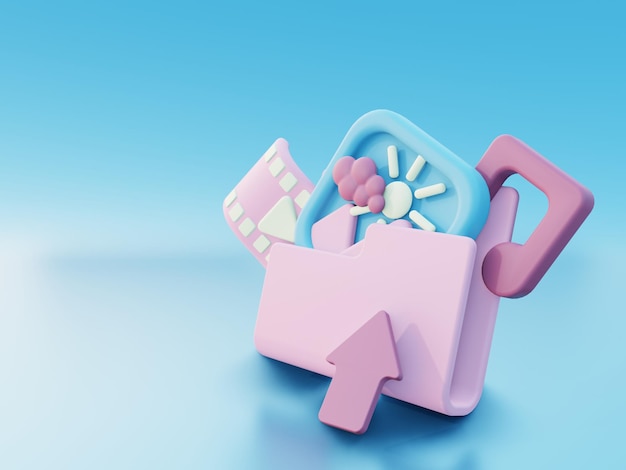 illustrazione 3d che mostra il salvataggio del video e della musica dell'immagine nella cartella nel colore rosa e blu