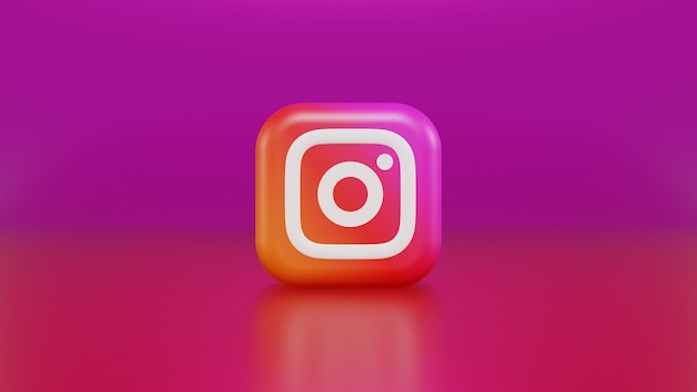 Illustrazione 3d che rende il logo di instagram su sfondo sfumato di colore viola giallo e rosa