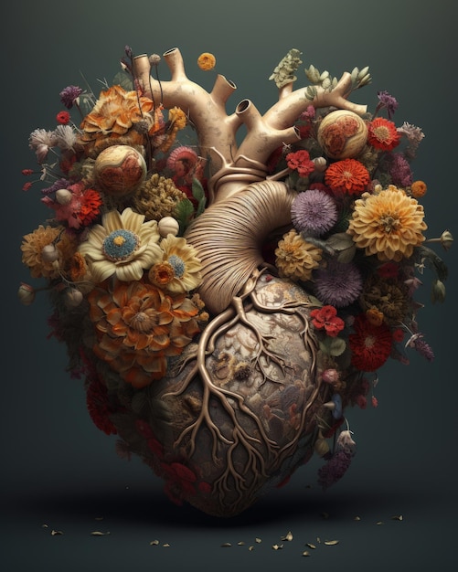 Illustrazione 3d colorata del cuore floreale realizzata con l'intelligenza artificiale generativa