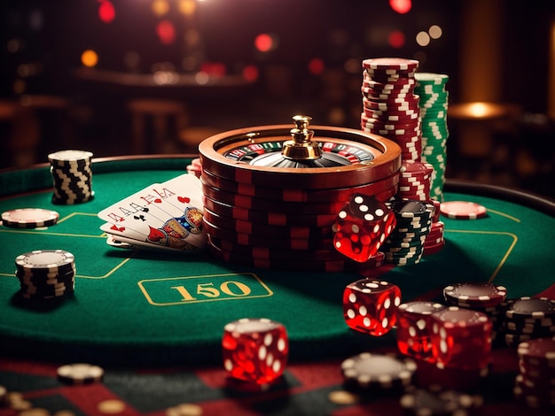 Illustrazione 3D con sfondo dinamico di giochi di casinò e carte di craps, roulette e poker