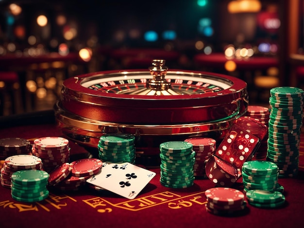 Illustrazione 3D con sfondo dinamico di giochi di casinò e carte di craps, roulette e poker