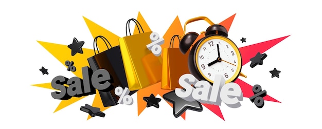 Illustrazione 3d con shopping bag in vendita di parole e sveglia retrò nera su sfondo colorato