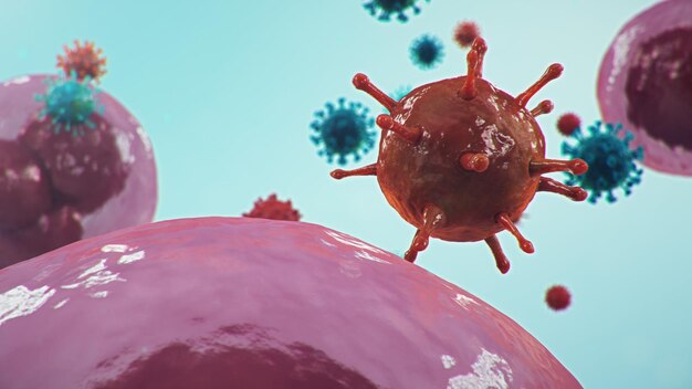 Illustrazione 3D Concetto di coronavirus al microscopio. Cellule umane, il virus infetta le cellule. Epidemia, pandemia che colpisce le vie respiratorie. Infezione virale fatale.