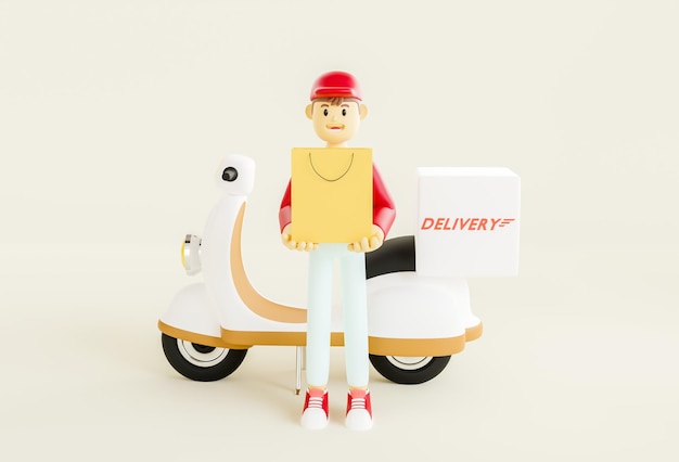 illustrazione 3d Concetto di servizio di consegna online consegna a casa e in ufficio con scooter e moto