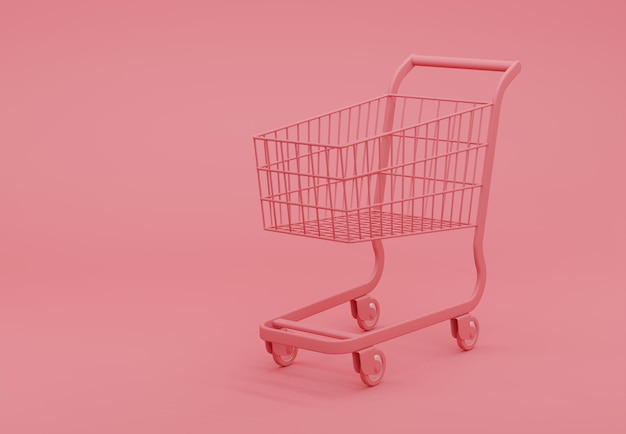 Illustrazione 3D Concetto di shopping online Carrello rosa su sfondo rosa
