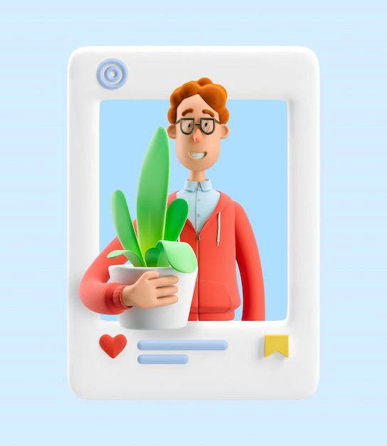 illustrazione 3d Concetto di social media Nerd Larry con pianta domestica