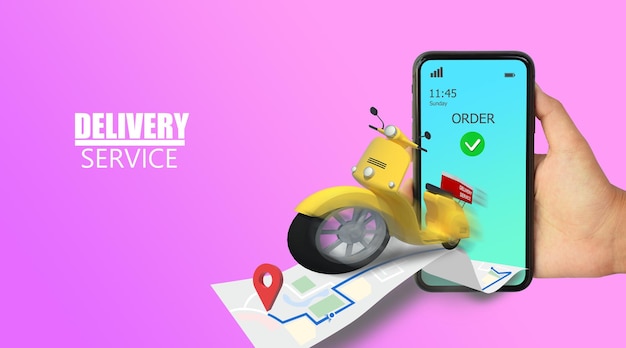 Illustrazione 3D Consegna veloce in motocicletta ECommerce Online Food Convenience order order