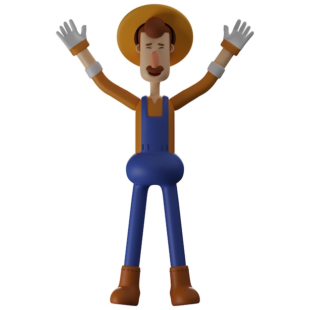 Illustrazione 3D Contadino personaggio di cartoni animati 3D che condivide una sensazione di felicità con la postura sollevata entrambe le mani