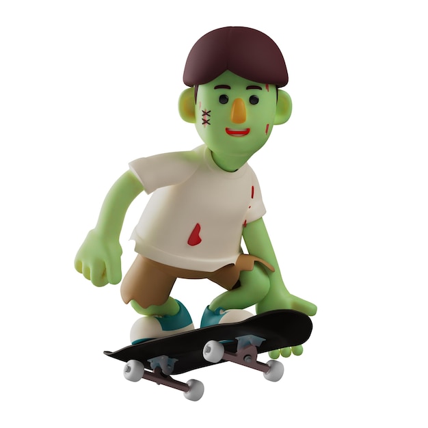 Illustrazione 3D Cool 3D Zombie Personaggio di cartoni animati su uno skateboard posa in uno stile cool