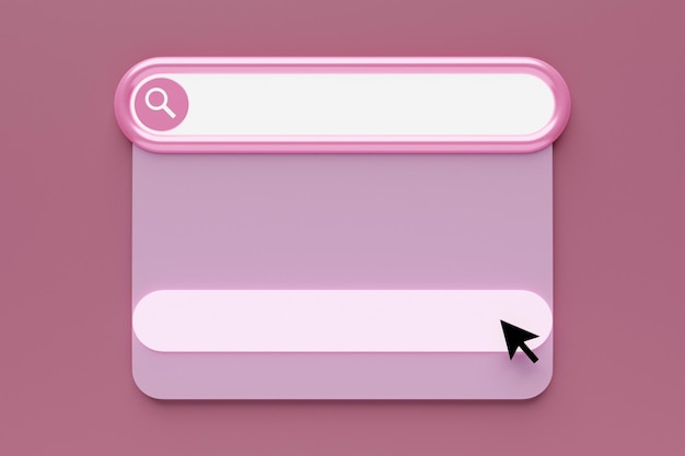 Illustrazione 3D cornice di ricerca riquadro riquadro su Internet con un'icona lente di ingrandimento un ampio campo bianco per la scelta tra le opzioni su sfondo rosa