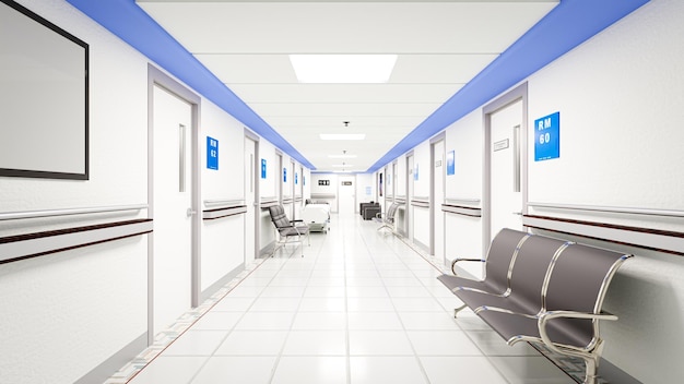illustrazione 3d Corridoio vuoto in ospedale moderno