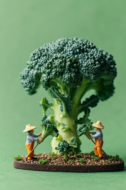 Illustrazione 3D degli agricoltori che raccolgono i broccoli