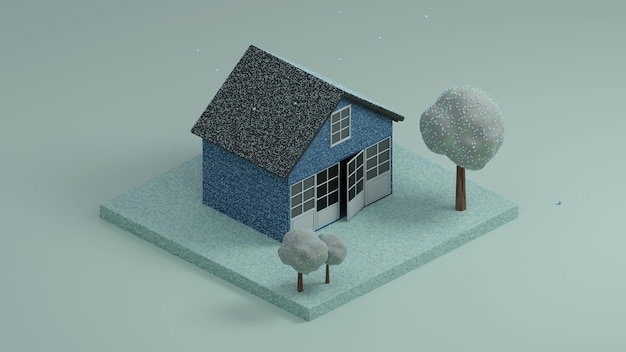 Illustrazione 3D degli alberi e della casa isometrica di poli basso invernale