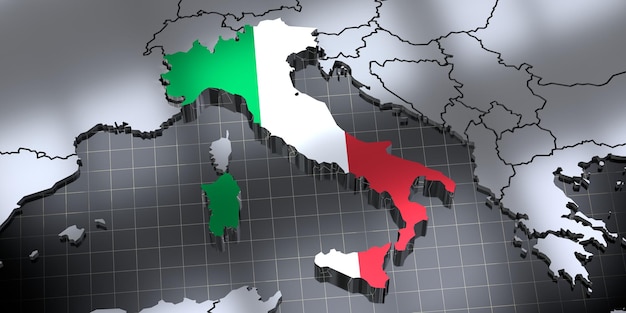 Illustrazione 3D dei confini e della bandiera dell'Italia