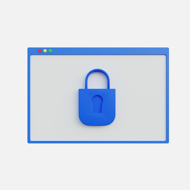 Illustrazione 3D del blocco di sicurezza sul sito Web su sfondo bianco